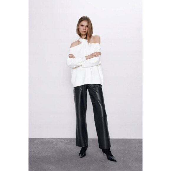 EUC Zara off-white ecru crossover strap exposed shoulder sweater S - Picture 2 of 11